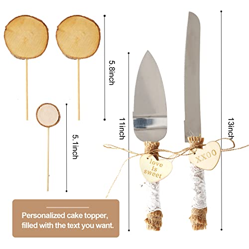 Wood Cake Stand- /w Wooden Slice Cake Topper and Cake Cutting Set, 12” Rustic Wedding Cake Stand, Wooden Cake Stand for Wedding Receptions or Any Special Events