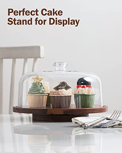 Fun Elements Rotating Cake Stand with Dome, Acacia Wood Cake Plate | Lazy Susan with Acrylic Lid for Table, Cheese Board & Serving Tray for Baked Goods in Kitchen | Ideal Gift Choice