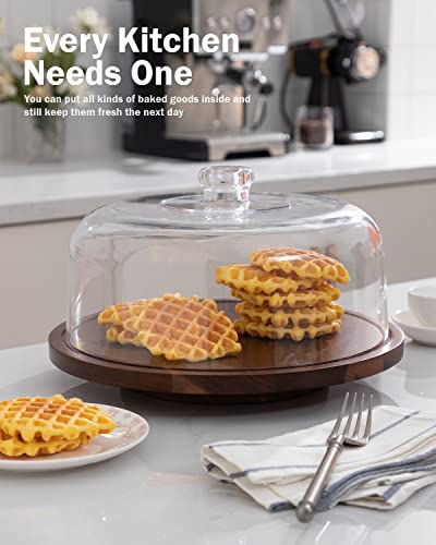Fun Elements Rotating Cake Stand with Dome, Acacia Wood Cake Plate | Lazy Susan with Acrylic Lid for Table, Cheese Board & Serving Tray for Baked Goods in Kitchen | Ideal Gift Choice