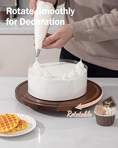 Fun Elements Rotating Cake Stand with Dome, Acacia Wood Cake Plate | Lazy Susan with Acrylic Lid for Table, Cheese Board & Serving Tray for Baked Goods in Kitchen | Ideal Gift Choice