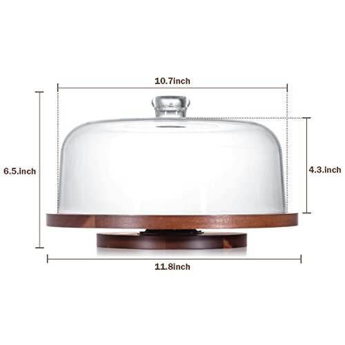 Fun Elements Rotating Cake Stand with Dome, Acacia Wood Cake Plate | Lazy Susan with Acrylic Lid for Table, Cheese Board & Serving Tray for Baked Goods in Kitchen | Ideal Gift Choice