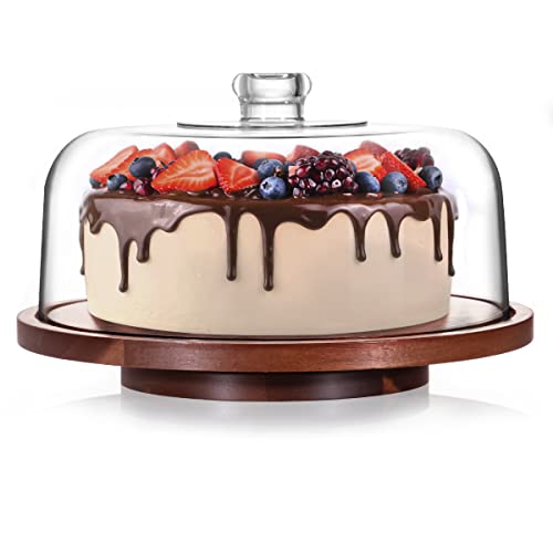 Fun Elements Rotating Cake Stand with Dome, Acacia Wood Cake Plate | Lazy Susan with Acrylic Lid for Table, Cheese Board & Serving Tray for Baked Goods in Kitchen | Ideal Gift Choice