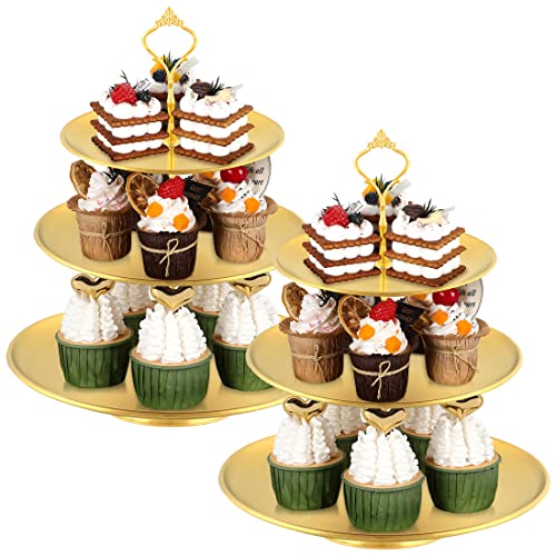 3 Tiered Gold Cupcake Stands Set of 2, Metal Cupcake Tower Gold Tiered Dessert Stand Cup Cake Tier Stand Gold Serving Tray Cupcake Holder for Wedding, Birthday, Holiday Dessert Table Decorations