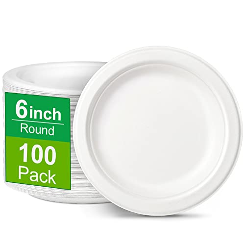 Greconv Paper Plates 6 inch, 100 Pack Paper Plates in Bulk, 100% Compostable Disposable Paper Plates, Small Paper Plates for Dessert, Cake, Appetizer, White Paper Plates Sturdy