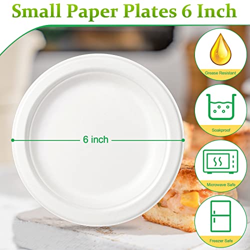 Greconv Paper Plates 6 inch, 100 Pack Paper Plates in Bulk, 100% Compostable Disposable Paper Plates, Small Paper Plates for Dessert, Cake, Appetizer, White Paper Plates Sturdy