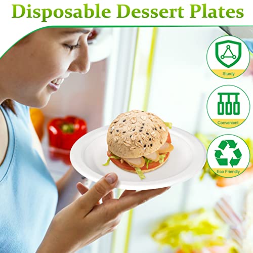 Greconv Paper Plates 6 inch, 100 Pack Paper Plates in Bulk, 100% Compostable Disposable Paper Plates, Small Paper Plates for Dessert, Cake, Appetizer, White Paper Plates Sturdy