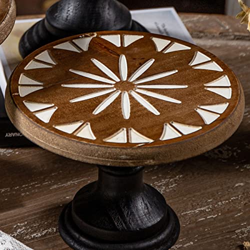 8 Inch Cake Stand Wood Round, Hand Carved Pedestal Stand Tray, Farmhouse Rustic Cake Stand for Wedding Party Dessert Table Centerpiece, Wooden Risers for Decor Kitchen Counter Display Cupcake