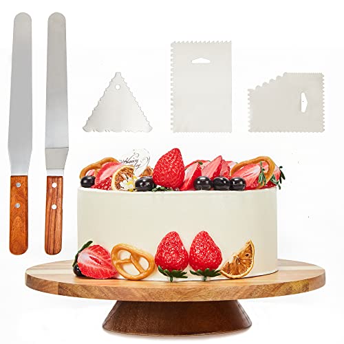12" Acacia Wood Revolving Cake Stand, Rotating Cake Turntable with 2 Icing Spatulas, 3 Smoothers, Wooden Rotating Display Stand for Cake, Cupcake Decorating Supplies