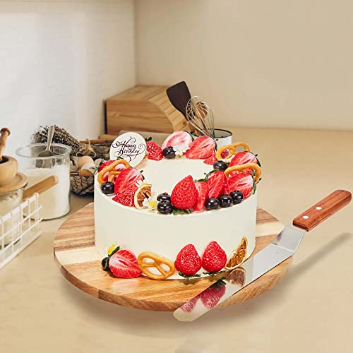 12" Acacia Wood Revolving Cake Stand, Rotating Cake Turntable with 2 Icing Spatulas, 3 Smoothers, Wooden Rotating Display Stand for Cake, Cupcake Decorating Supplies