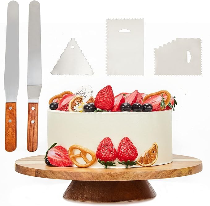 12" Acacia Wood Revolving Cake Stand, Rotating Cake Turntable with 2 Icing Spatulas, 3 Smoothers, Wooden Rotating Display Stand for Cake, Cupcake Decorating Supplies