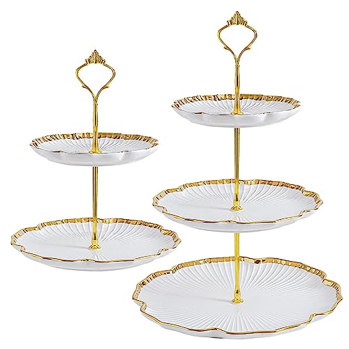 PLAZOTTA Set of 2 Porcelain Cupcake Stand Ceramic Dessert Stand, White Flower Shaped Tiered Serving Trays, 3 Tiers Cake Stand Party Serving Trays, Fruit Pastry Holders for Wedding and Party