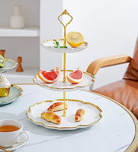 PLAZOTTA Set of 2 Porcelain Cupcake Stand Ceramic Dessert Stand, White Flower Shaped Tiered Serving Trays, 3 Tiers Cake Stand Party Serving Trays, Fruit Pastry Holders for Wedding and Party