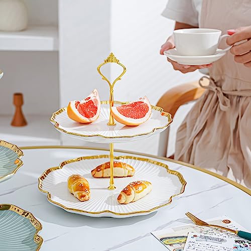 PLAZOTTA Set of 2 Porcelain Cupcake Stand Ceramic Dessert Stand, White Flower Shaped Tiered Serving Trays, 3 Tiers Cake Stand Party Serving Trays, Fruit Pastry Holders for Wedding and Party