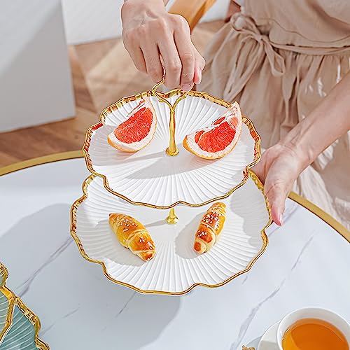 PLAZOTTA Set of 2 Porcelain Cupcake Stand Ceramic Dessert Stand, White Flower Shaped Tiered Serving Trays, 3 Tiers Cake Stand Party Serving Trays, Fruit Pastry Holders for Wedding and Party