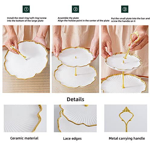 PLAZOTTA Set of 2 Porcelain Cupcake Stand Ceramic Dessert Stand, White Flower Shaped Tiered Serving Trays, 3 Tiers Cake Stand Party Serving Trays, Fruit Pastry Holders for Wedding and Party