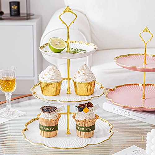 PLAZOTTA Set of 2 Porcelain Cupcake Stand Ceramic Dessert Stand, White Flower Shaped Tiered Serving Trays, 3 Tiers Cake Stand Party Serving Trays, Fruit Pastry Holders for Wedding and Party