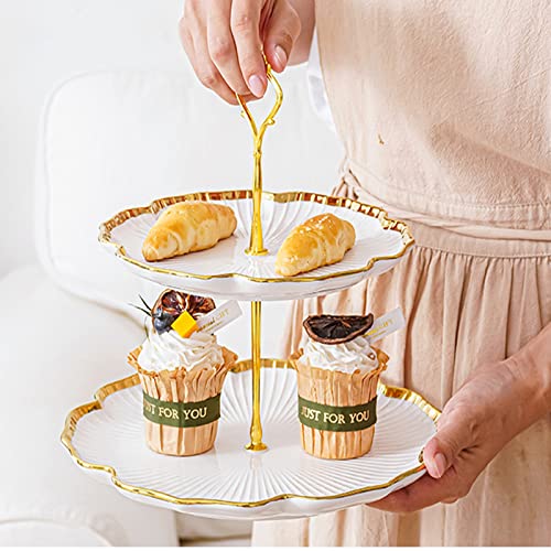 PLAZOTTA Set of 2 Porcelain Cupcake Stand Ceramic Dessert Stand, White Flower Shaped Tiered Serving Trays, 3 Tiers Cake Stand Party Serving Trays, Fruit Pastry Holders for Wedding and Party