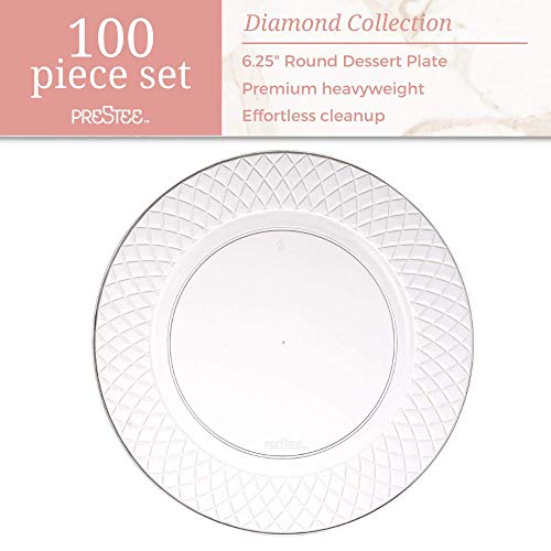 Prestee 100 Clear Plastic Plates, 6.25" Clear Dessert Plates, Round Party Plates, Elegant Appetizer Plates Disposable, Heavy Duty Wedding Plates, Small Cake Plates for Weddings and Holidays