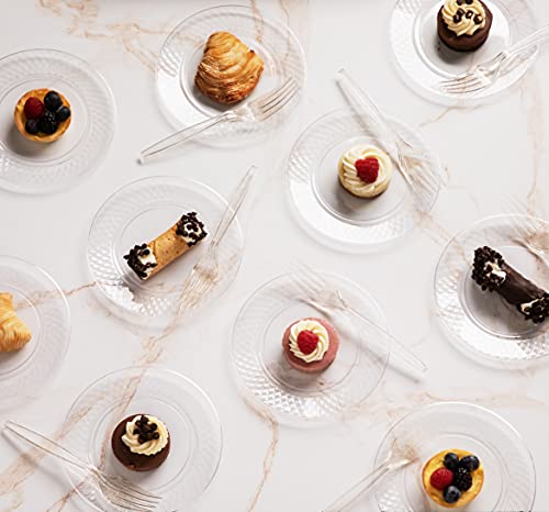 Prestee 100 Clear Plastic Plates, 6.25" Clear Dessert Plates, Round Party Plates, Elegant Appetizer Plates Disposable, Heavy Duty Wedding Plates, Small Cake Plates for Weddings and Holidays