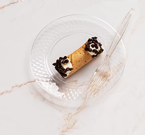 Prestee 100 Clear Plastic Plates, 6.25" Clear Dessert Plates, Round Party Plates, Elegant Appetizer Plates Disposable, Heavy Duty Wedding Plates, Small Cake Plates for Weddings and Holidays