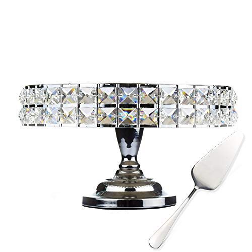 LINDLEMANN-Shiny Cake Stand-Decorative Metal Cake Holder w/Spatula-Round Cake Stand w/Genuine Mineral Crystals-Serving Plate Dessert Table Display-Easter & Mothers' Day Gift Dessert Tray-Silver(12in)