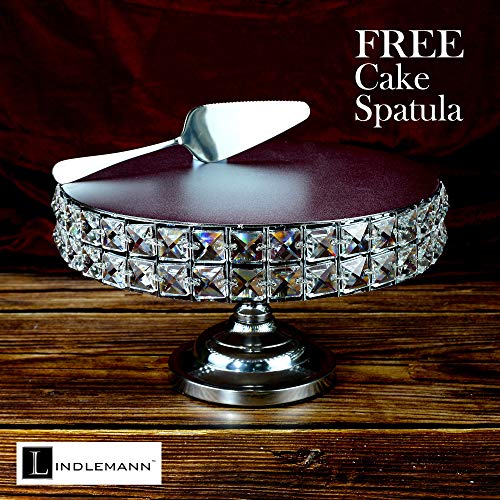 LINDLEMANN-Shiny Cake Stand-Decorative Metal Cake Holder w/Spatula-Round Cake Stand w/Genuine Mineral Crystals-Serving Plate Dessert Table Display-Easter & Mothers' Day Gift Dessert Tray-Silver(12in)