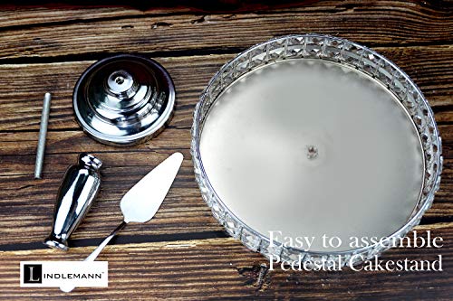 LINDLEMANN-Shiny Cake Stand-Decorative Metal Cake Holder w/Spatula-Round Cake Stand w/Genuine Mineral Crystals-Serving Plate Dessert Table Display-Easter & Mothers' Day Gift Dessert Tray-Silver(12in)