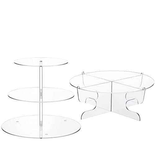 2 Pcs Acrylic Cupcake Stand Including 3 Tier Clear Dessert Tower Holder Display 1 Tier Round Cupcake Holder Stand with Base Reusable for Wedding Baby Shower Party Noted Remove the Surface Film (Clear)
