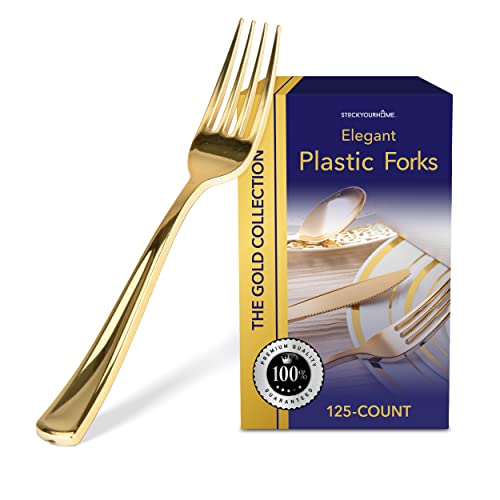 Stock Your Home 125 Disposable Heavy Duty Plastic Forks, Fancy Plastic Silverware Looks Like Real Cutlery - Utensils Perfect for Catering Events, Restaurants, Parties and Weddings (Gold)
