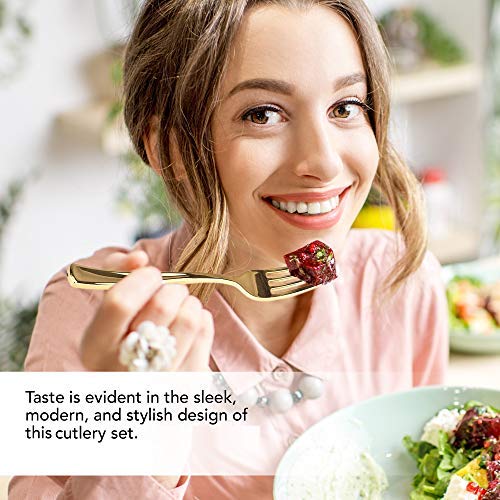 Stock Your Home 125 Disposable Heavy Duty Plastic Forks, Fancy Plastic Silverware Looks Like Real Cutlery - Utensils Perfect for Catering Events, Restaurants, Parties and Weddings (Gold)