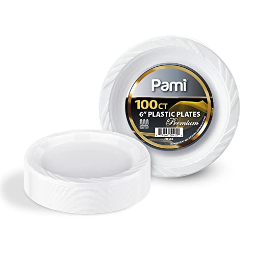 PAMI Premium Disposable Plastic Plates 6'' [Pack of 100]- White Party Plates For Dinner Desserts Appetizers- Heavy-Duty Microwavable Plates In Bulk For Any Occasion- Elegant Plastic Dinnerware Set