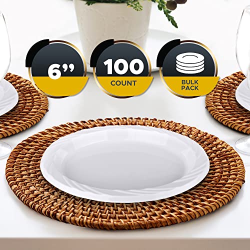 PAMI Premium Disposable Plastic Plates 6'' [Pack of 100]- White Party Plates For Dinner Desserts Appetizers- Heavy-Duty Microwavable Plates In Bulk For Any Occasion- Elegant Plastic Dinnerware Set