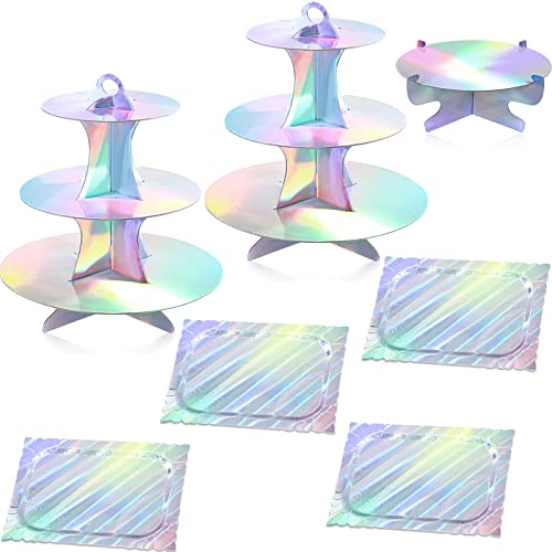 7 Pieces Cake Stand Set 3-Tier Cardboard Cupcake Stand 1-Tier Cake Stand Round Dessert Stand Rectangle Serving Tray Reusable Platters Cupcake Holders for Desserts Birthday Party(Laser Silver)