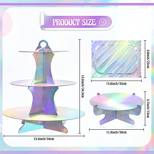 7 Pieces Cake Stand Set 3-Tier Cardboard Cupcake Stand 1-Tier Cake Stand Round Dessert Stand Rectangle Serving Tray Reusable Platters Cupcake Holders for Desserts Birthday Party(Laser Silver)
