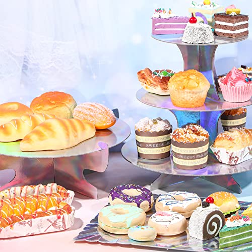 7 Pieces Cake Stand Set 3-Tier Cardboard Cupcake Stand 1-Tier Cake Stand Round Dessert Stand Rectangle Serving Tray Reusable Platters Cupcake Holders for Desserts Birthday Party(Laser Silver)