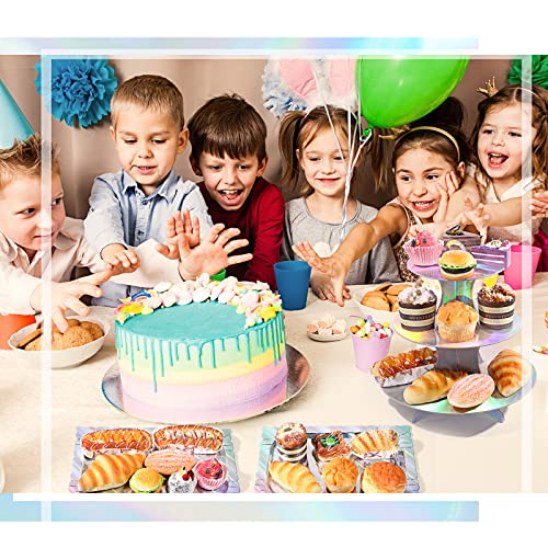7 Pieces Cake Stand Set 3-Tier Cardboard Cupcake Stand 1-Tier Cake Stand Round Dessert Stand Rectangle Serving Tray Reusable Platters Cupcake Holders for Desserts Birthday Party(Laser Silver)