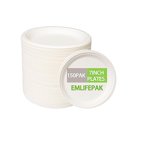 emlifepak 7Inch Compostable Plates, 150 Pack Small Paper Plates, Made of Sugarcane Fibers cake plates, White Disposable Paper Plate, Heavy Duty Paper Plates Bulk