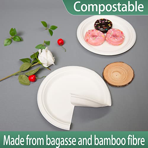 emlifepak 7Inch Compostable Plates, 150 Pack Small Paper Plates, Made of Sugarcane Fibers cake plates, White Disposable Paper Plate, Heavy Duty Paper Plates Bulk