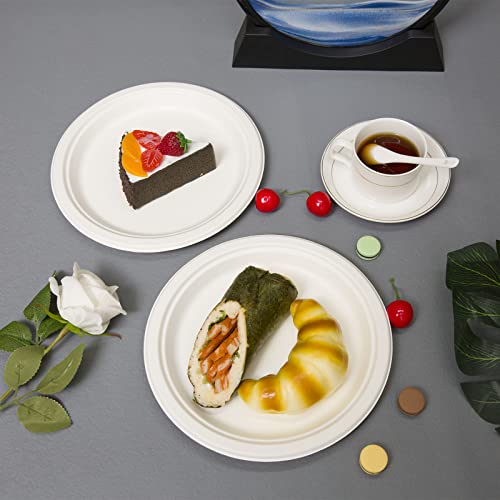 emlifepak 7Inch Compostable Plates, 150 Pack Small Paper Plates, Made of Sugarcane Fibers cake plates, White Disposable Paper Plate, Heavy Duty Paper Plates Bulk