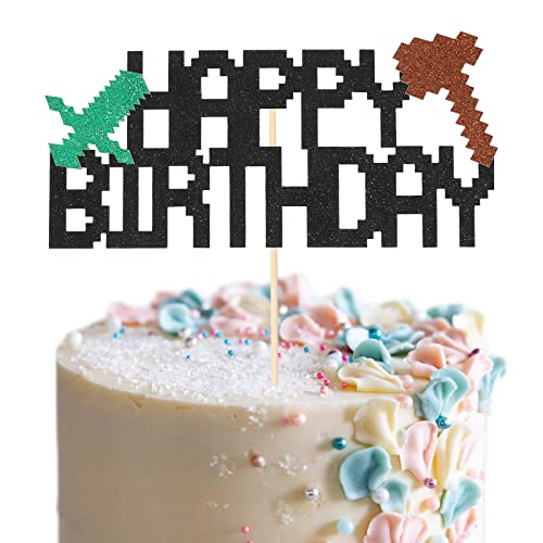 Video Game Cake Topper-Mining Theme Happy Birthday Cake Decorations Kids Party Supplies-Cute Glitter Gaming Party Favors for Boys Girls Adults Birthday-Perfect Cake Decor for Game Fans-MY world