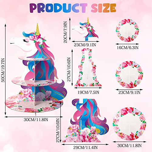 Unicorn Cupcake Stand Party Decoration 3 Tier Cardboard Cake Stand Rainbow Unicorn Birthday Cupcake Holder for Kid Unicorn Dessert Tower Holder Round Serving Tray Stand Birthday Decor Baby Shower