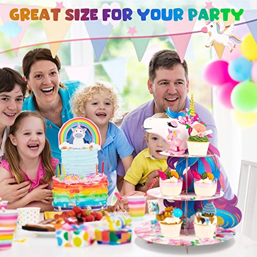 Unicorn Cupcake Stand Party Decoration 3 Tier Cardboard Cake Stand Rainbow Unicorn Birthday Cupcake Holder for Kid Unicorn Dessert Tower Holder Round Serving Tray Stand Birthday Decor Baby Shower
