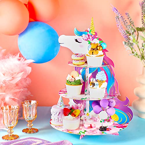 Unicorn Cupcake Stand Party Decoration 3 Tier Cardboard Cake Stand Rainbow Unicorn Birthday Cupcake Holder for Kid Unicorn Dessert Tower Holder Round Serving Tray Stand Birthday Decor Baby Shower