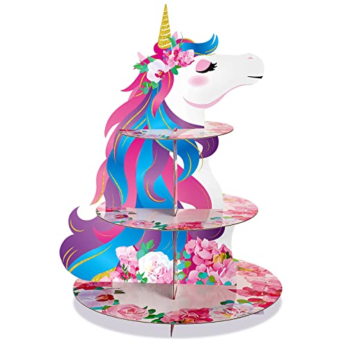 Unicorn Cupcake Stand Party Decoration 3 Tier Cardboard Cake Stand Rainbow Unicorn Birthday Cupcake Holder for Kid Unicorn Dessert Tower Holder Round Serving Tray Stand Birthday Decor Baby Shower