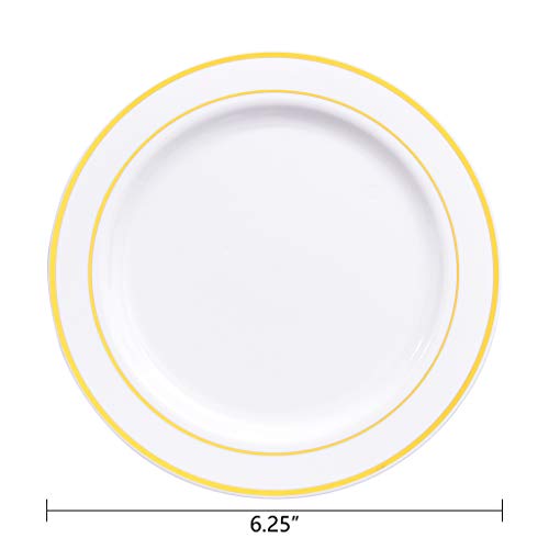 bUCLA 100Pieces Gold Plastic Plates -6.25inch Disposable Salad/Dessert Plates- White with Gold Rim Premium Hard Plastic Appetizer Plates/Small Cake Plates for Weddings& Parties