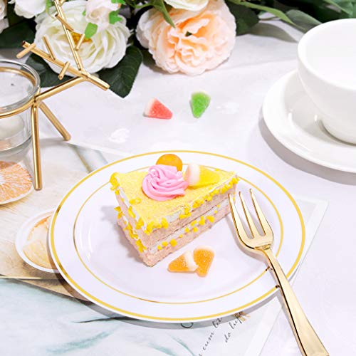 bUCLA 100Pieces Gold Plastic Plates -6.25inch Disposable Salad/Dessert Plates- White with Gold Rim Premium Hard Plastic Appetizer Plates/Small Cake Plates for Weddings& Parties