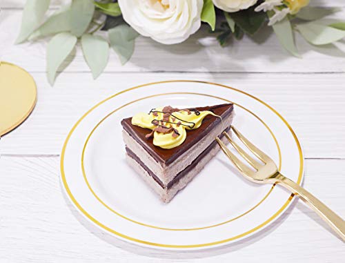 bUCLA 100Pieces Gold Plastic Plates -6.25inch Disposable Salad/Dessert Plates- White with Gold Rim Premium Hard Plastic Appetizer Plates/Small Cake Plates for Weddings& Parties