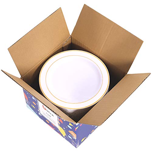 bUCLA 100Pieces Gold Plastic Plates -6.25inch Disposable Salad/Dessert Plates- White with Gold Rim Premium Hard Plastic Appetizer Plates/Small Cake Plates for Weddings& Parties