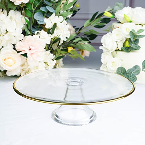 Efavormart 12" Round Pedestal Glass Cake Plate with Gold Rim, Cupcake Holder Dessert Display Stand