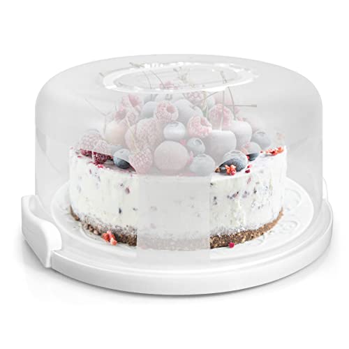 HOYA PONYOO Portable Cake Carrier with Handle, Round Cupcake Holder with Lid, Plastic Storage Container Box fit 10 inch Cake, 3-Locking Muffin and Pies Keeper with Cover (White)
